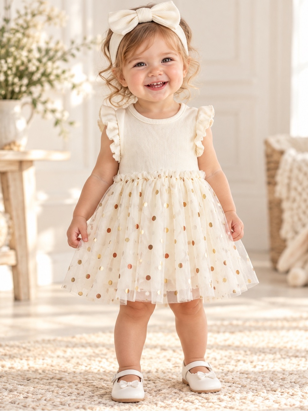Madison Layne 18M Dress with Gold Dot Tulle and Headband